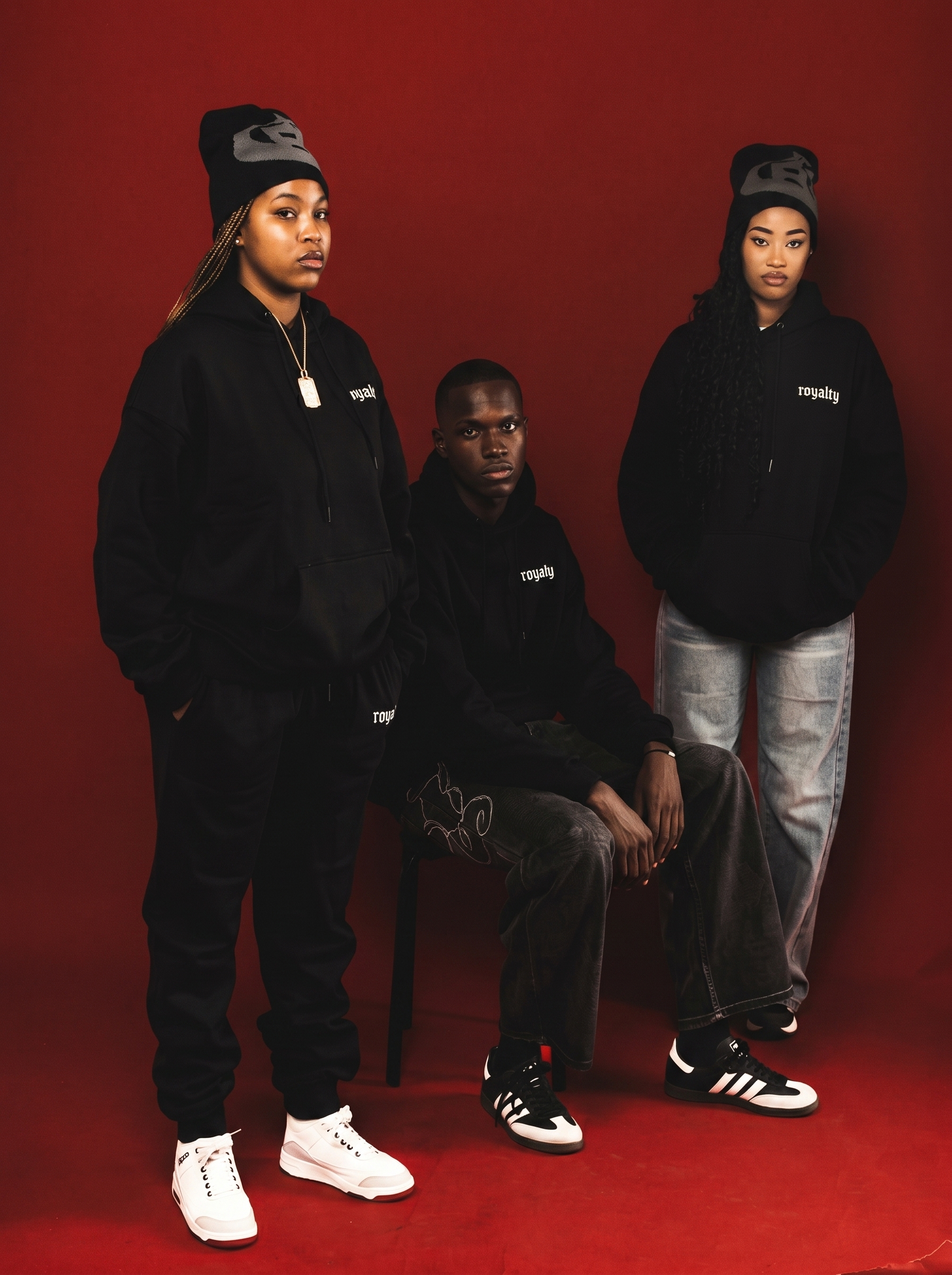 STAY FOCUS — trio in royalty hoodies + beanies